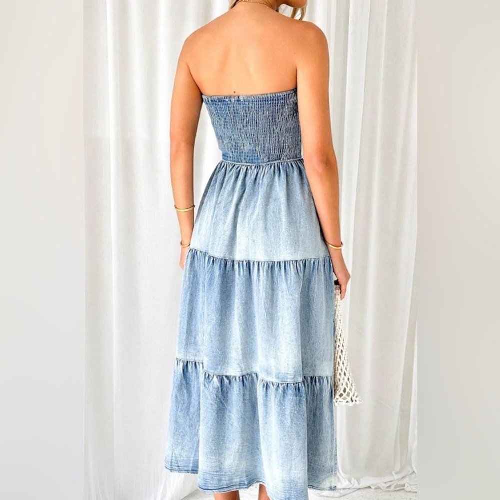 RISEN Smocked Tube Slit Tiered Elegant Blue Jean Strapless Midi Dress - Picture 4 of 8